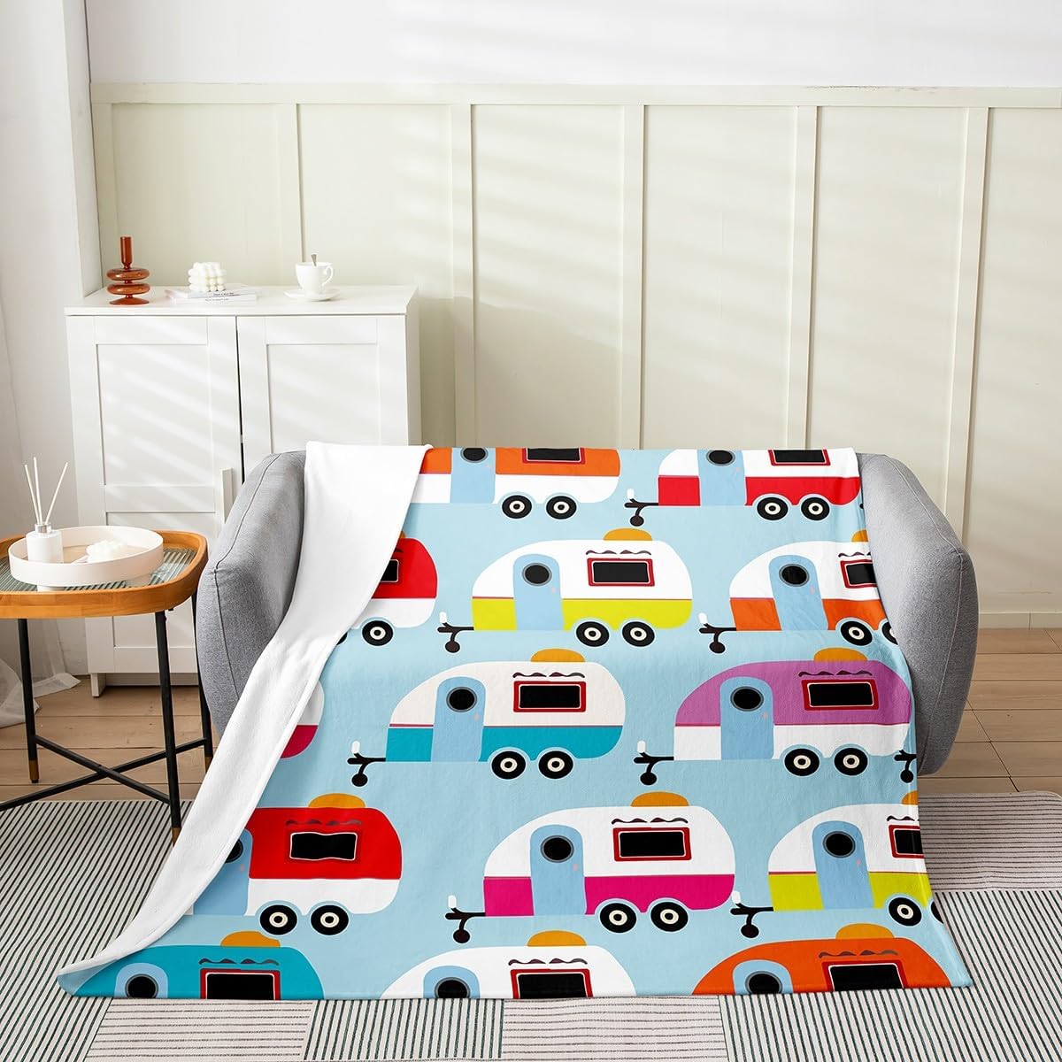 Erosebridal Camper Throw Blanket Queen Size, Happy Camping Fleece Blanket Room Decor, Cartoon Travelling Camping Blanket for Sofa Couch, Colorful Camping Fuzzy Blanket for Camp Lovers Campsite Hiking