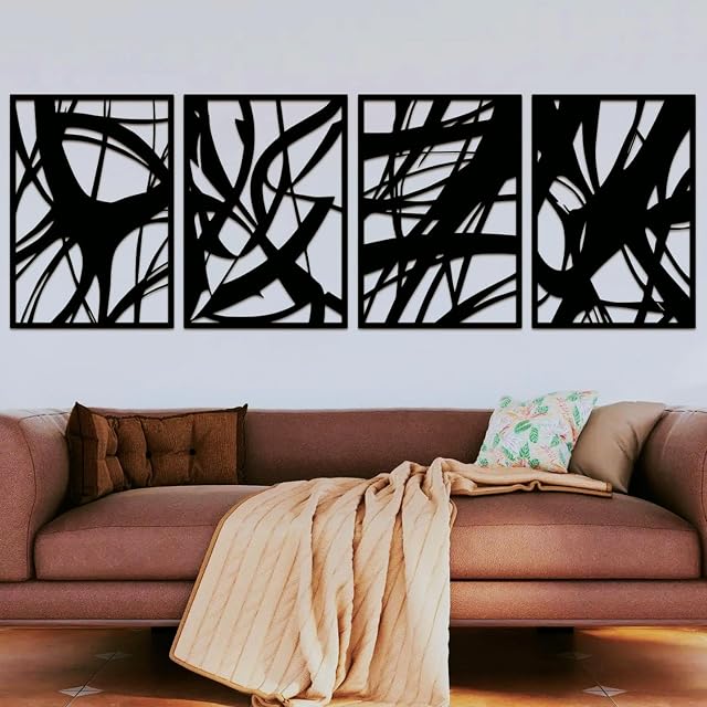 ruelen Wanddeko 4 Pack Metall Abstrakte Schwarze Wand Kunst, Minimalist Single Line Art Wall Décor, 3D Skulpturen Texturierte Metall Wand Skulpturen Hängend für Zuhause Wohnzimmer Schlafzimmer Bad
