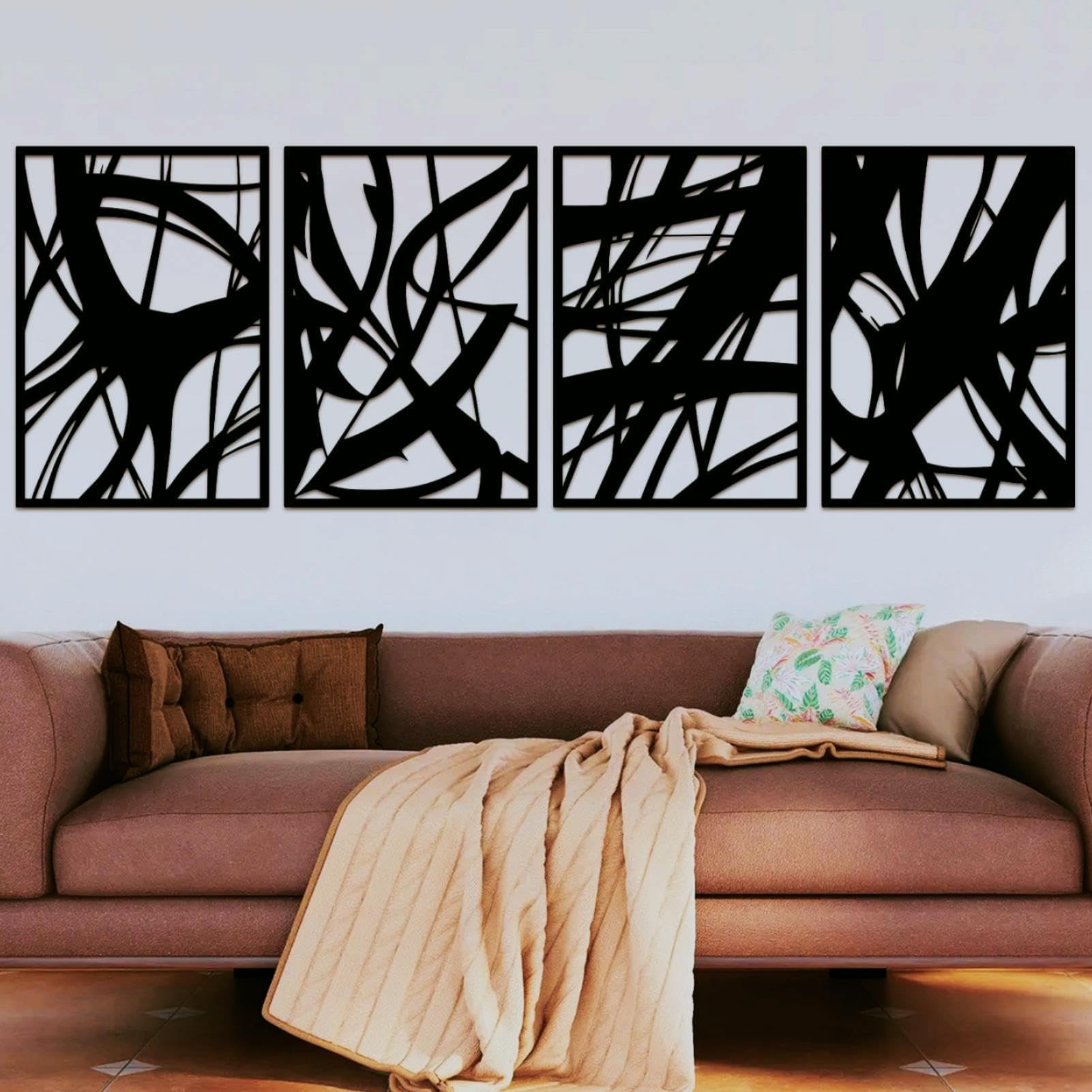 ruelen Lot de 4 décorations murales abstraites en métal à une ligne minimaliste - Sculptures 3D texturées à suspendre pour maison, salon, chambre à coucher, salle de bain, bureau - Noir