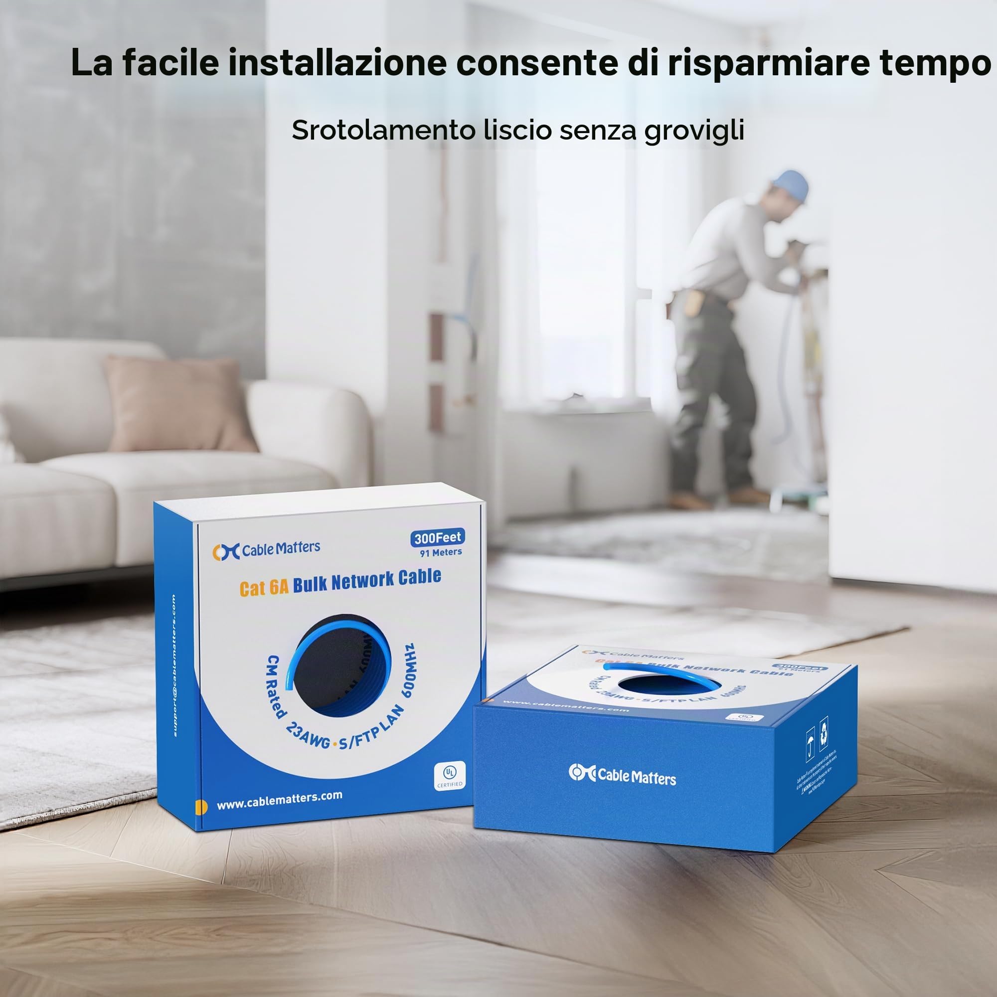 Cable Matters Cavo Ethernet Cat6a schermato in rame nudo da 10 Gbps a parete (CM) nominale 23 AWG, cavo Ethernet Cat6a, 91,4 m, solido, S/STP, S/FTP, cavo Ethernet Cat6a, blu
