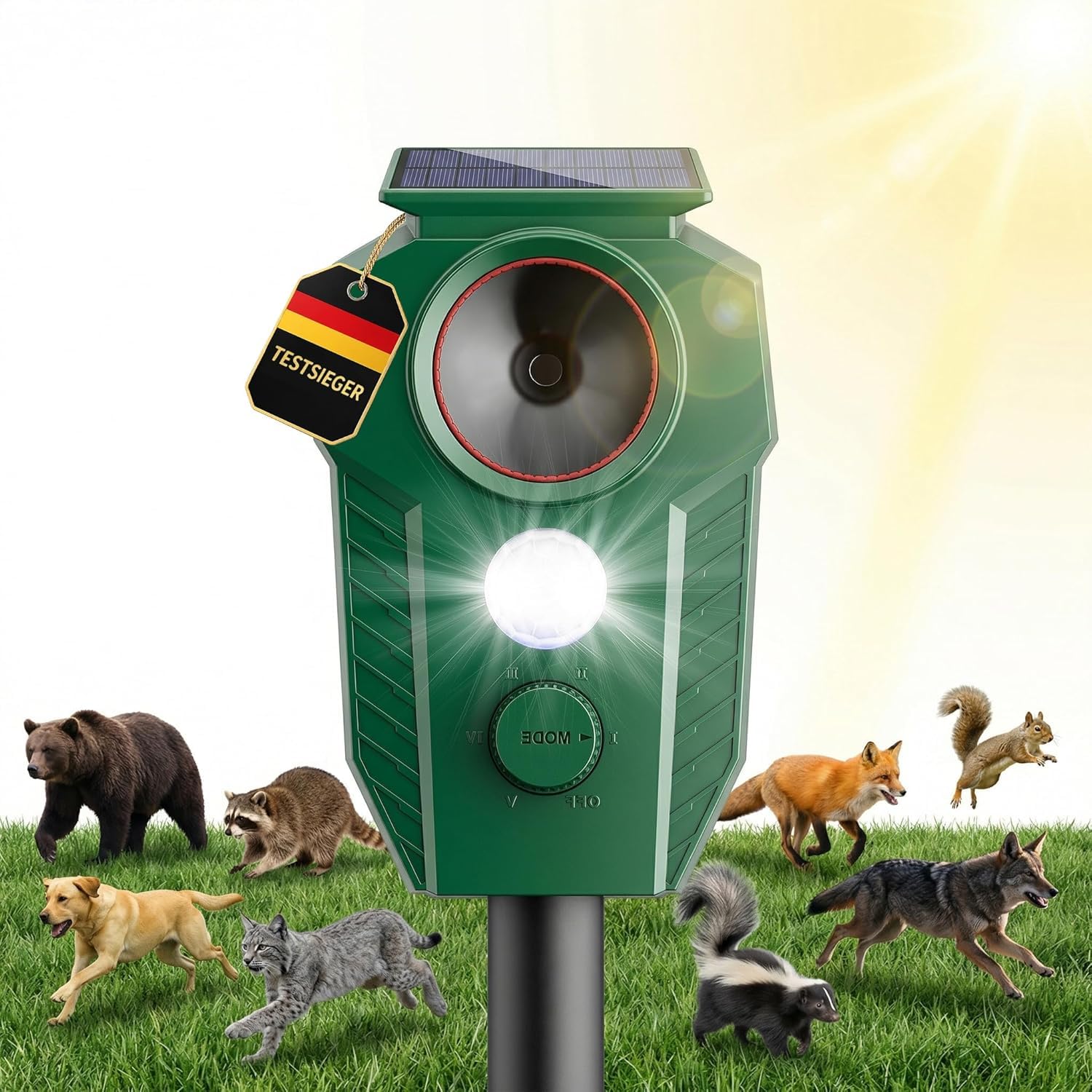 MEKEET Ultraschall Katzenschreck für Garten, Solar Katzenabwehr mit Bewegungsmelder und LED-Blitzlicht, IP65 Wasserdicht, Tiervertreiber gegen Katzen, Hunde, Marder, Füchse und Wildtiere