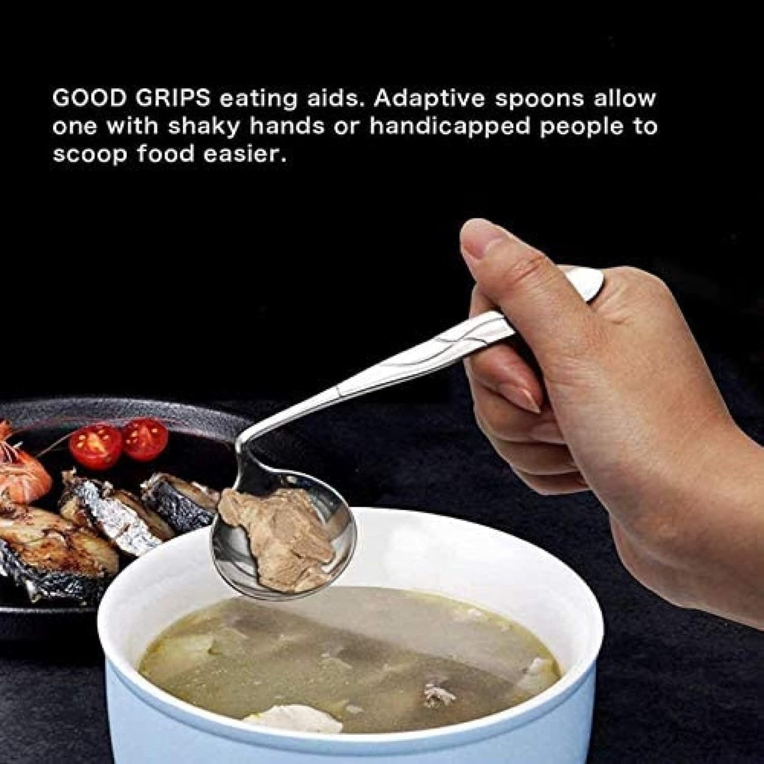 Utensilios curvados adaptativos, ayuda alimentaria de acero inoxidable, cuchara en ángulo antivibración para ancianos, parkinson, artritis, discapacidad