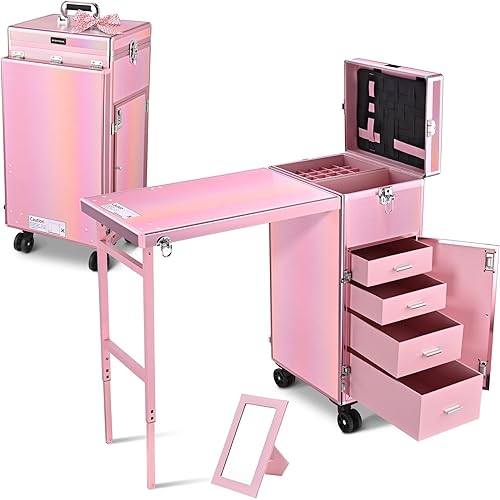 BYOOTIQUE Rolling Manicure Table Portable Nail Desk Station Cosmetology Case on Wheels Travel Makeup Train Case with 4 Drawers Storage Mirror & Speaker for Technician Workstation Beauty Salon, Pink