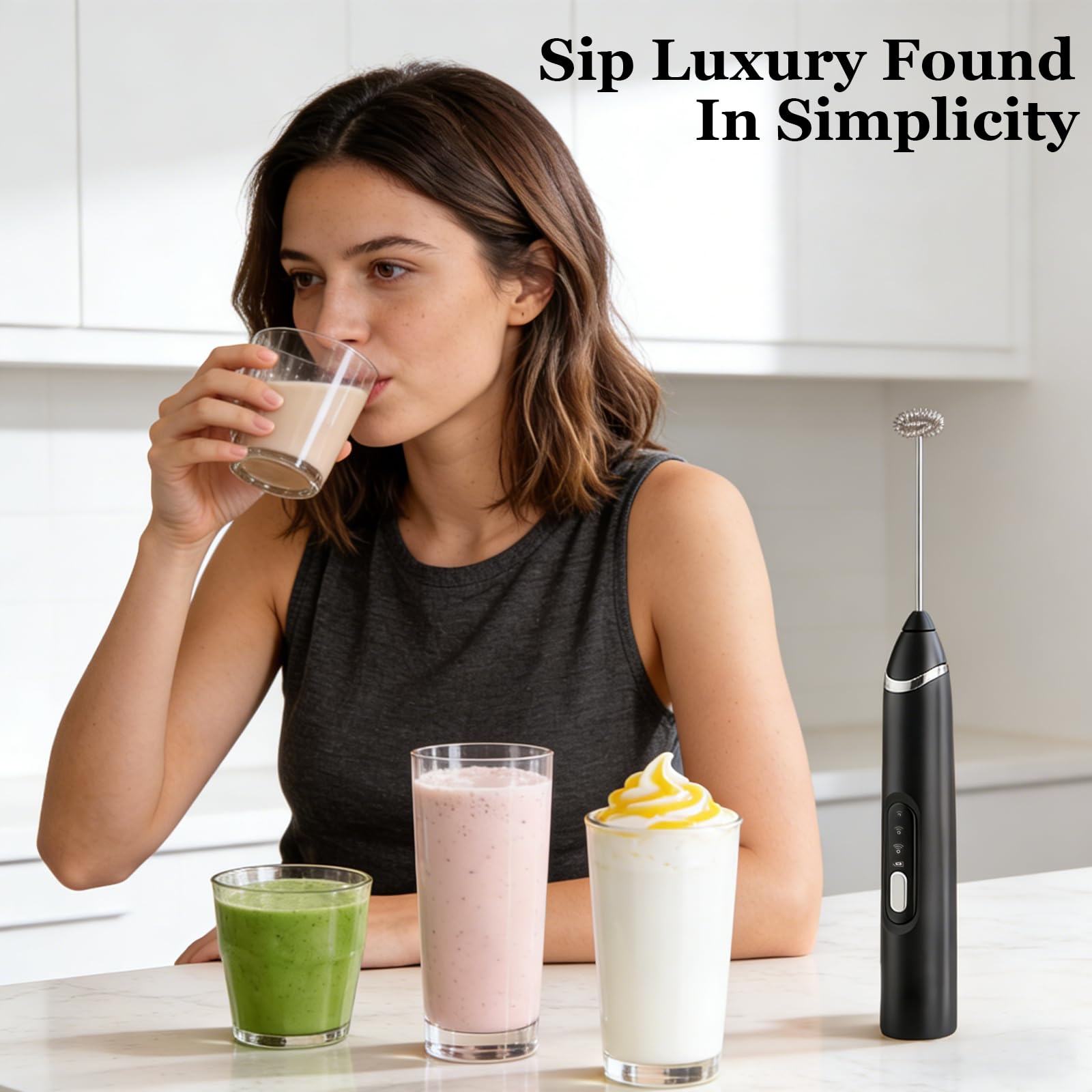 Mousseur à Lait Électrique, USB Rechargeable Mousseur a Lait，Mousseur à Lait en Acier Inoxydable, 2 Vitesses Petit Mixeur pour Café avec 2 têtes Mini Fouet Matcha, Latte, Cappuccino, Matcha - 5