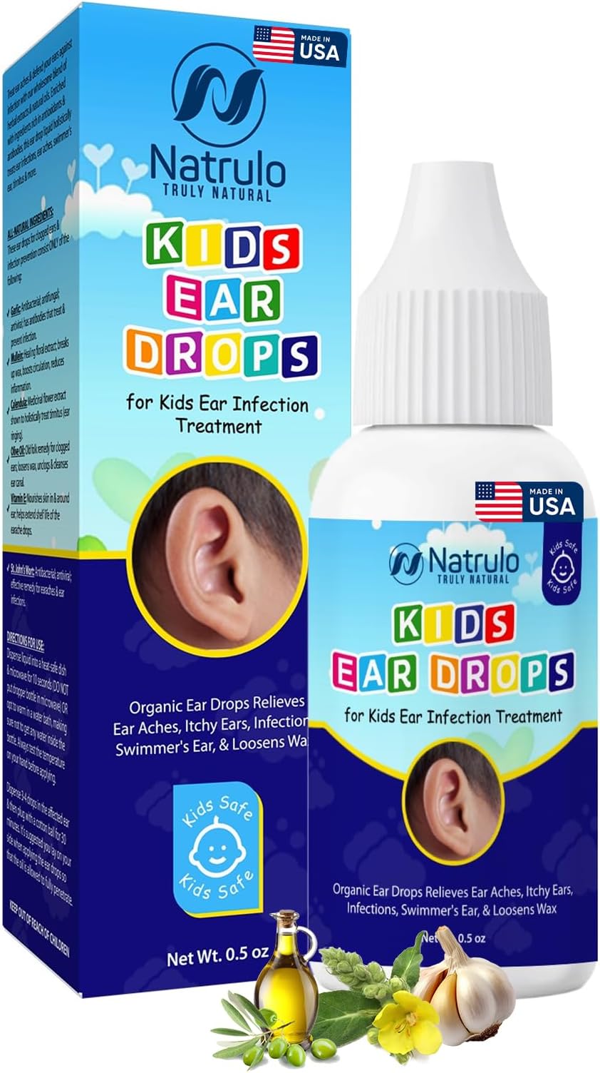 Natrulo Natural Ear Drops for Kids Ear Infection Treatment – Organic Children Ear Oil Drops Relieves Ear Aches, Itchy Ears, Infections, Swimmer's Ear, & Loosens Wax – Kids Safe, Made in USA