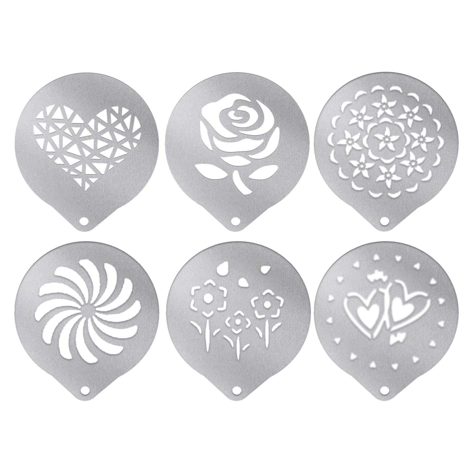 Bncxdc Coffee Stencils Barista, 6PCS Coffee Art Stencil Set, Stainless Steel Coffee Stencil Latte Cappuccino Pattern Template Barista Art Pattern Design for Cake Decorating