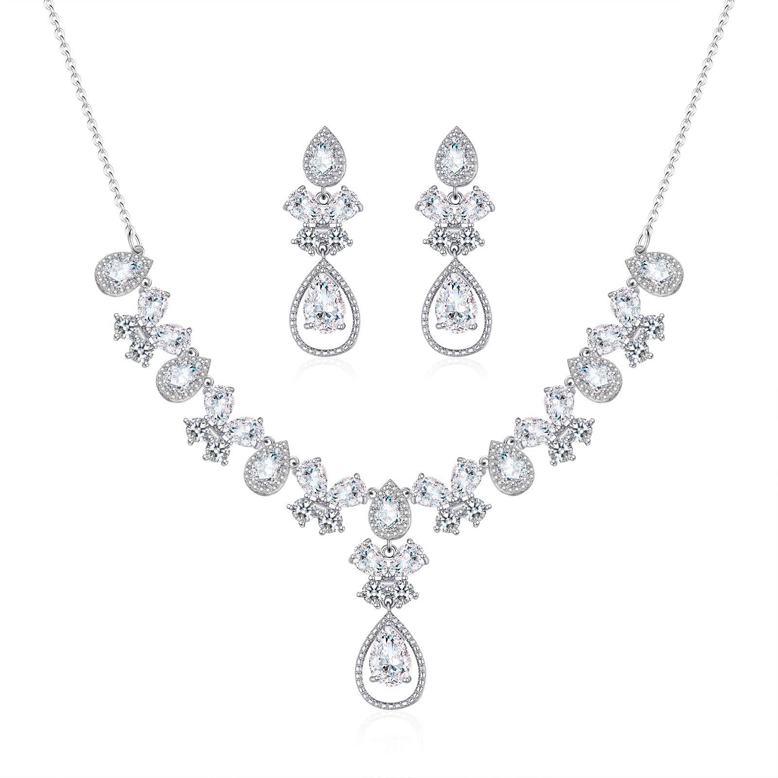 Lalynnly Wedding Jewelry Set for Bride Teardrop Shape Elegant Bridal Crystal Cubic Zirconia Floral Teardrop Necklace Earrings Set