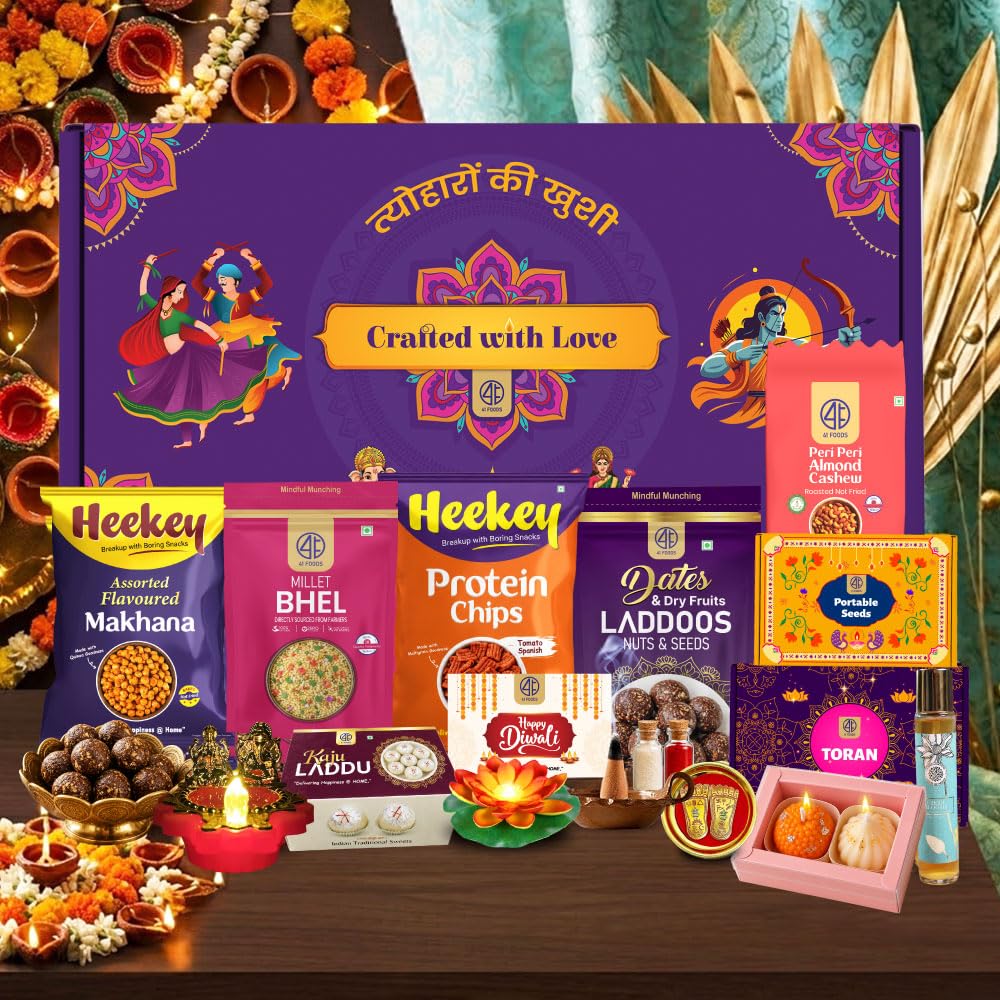 Click to enlarge 41Foods -13 PIECE Premium Diwali Gift Hamper | Festive Gift Box with Kaju Saffron Laddu, Dates Laddu, Mexican Style Makhana Trail Mix, Millet Bhel & Peri Peri Cashew Almonds | Ganesh Laxmi Light, Toran, Laxmi Paduka, Floating Lotus, Dhoop, Candle & H