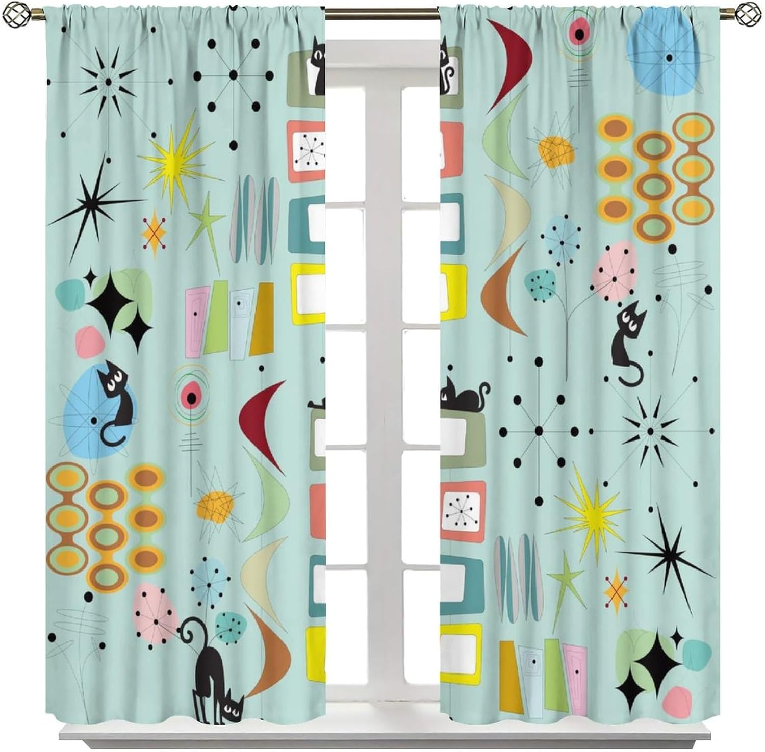 Mid Century Blackout Curtains,Black Cat Retro Atomic Boomerangs Abstract Geometric Iconic 60s Vintage Aesthetics Pattern 2 Panel Rod Pocket Window Drapes for Living Room Bedroom Decor 21"W X 45"L