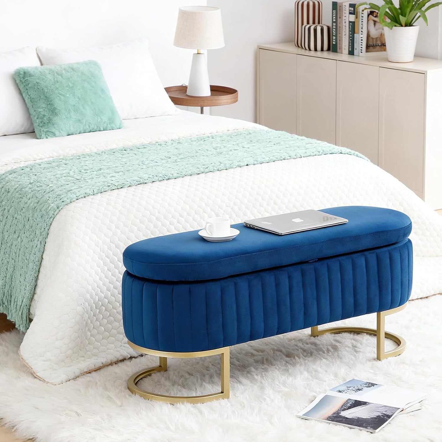 Mlmh & Kngwa 65 Inch Storage Bench for Bedroom End of Bed Bench King Size Upholstered Ottoman with 2 Bolster Pillows Bay Window Seat Settee for Living Room, Cloakroom, Ivory