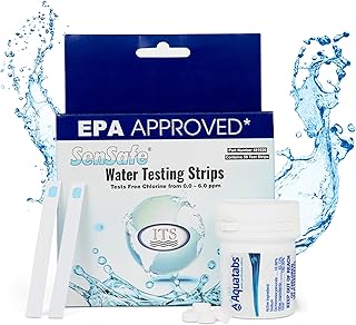 Drinking Water Essentials Kit - 100 Aquatabs Water Purification Tablets + 50 Chlorine Test Strips - for Boat and RV Tanks - by Aquamarine Water Solutions