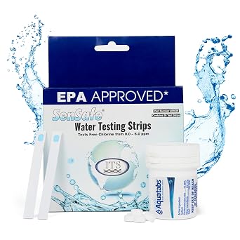 Drinking Water Essentials Kit - 100 Aquatabs Water Purification Tablets + 50 Chlorine Test Strips - for Boat and RV Tanks - By Aquamarine Water Solutions