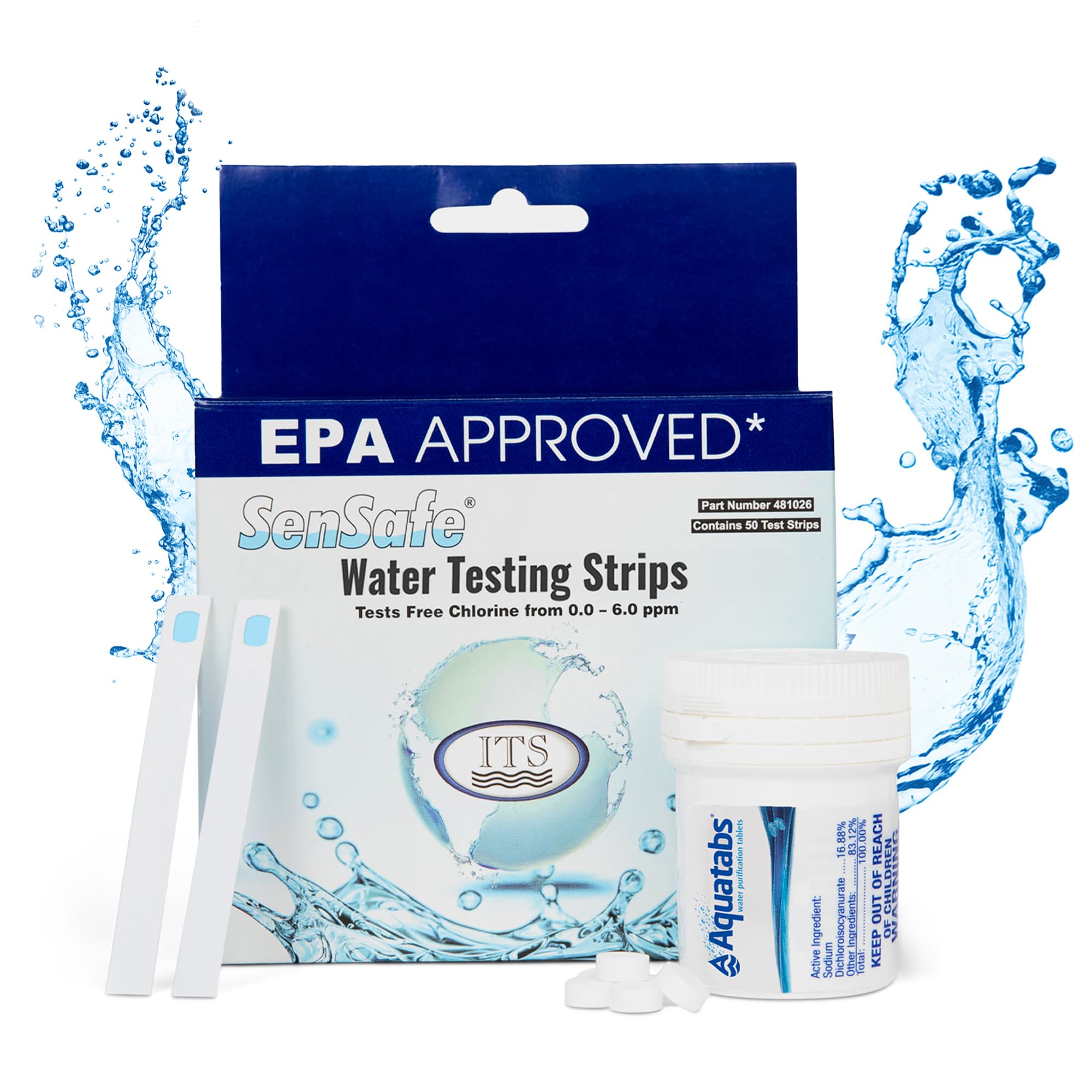 Aquamarine Water Solutions - Kit esencial de agua potable - 100 tabletas de purificación de agua Aquatabs + 50 tiras de prueba de cloro - para tanques de barco y RV