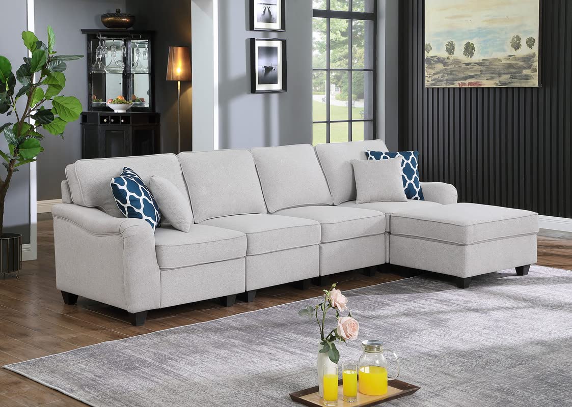 Generic TD614 5-Seater Sofa and Ottoman, light gray linen fabric