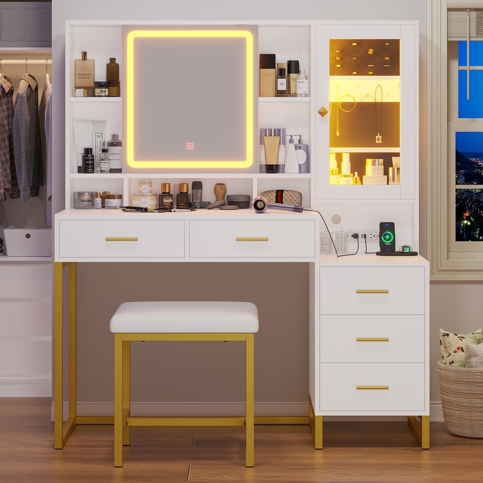 HAUOMS Makeup Vanity with Upholstered Stool, Mirror and Lights, Vanity Table Set with Jewelry Storage & RGB Lights, Vanity Desk with Charging Station, 5 Drawers and Shelves, (Modern White & Gold)