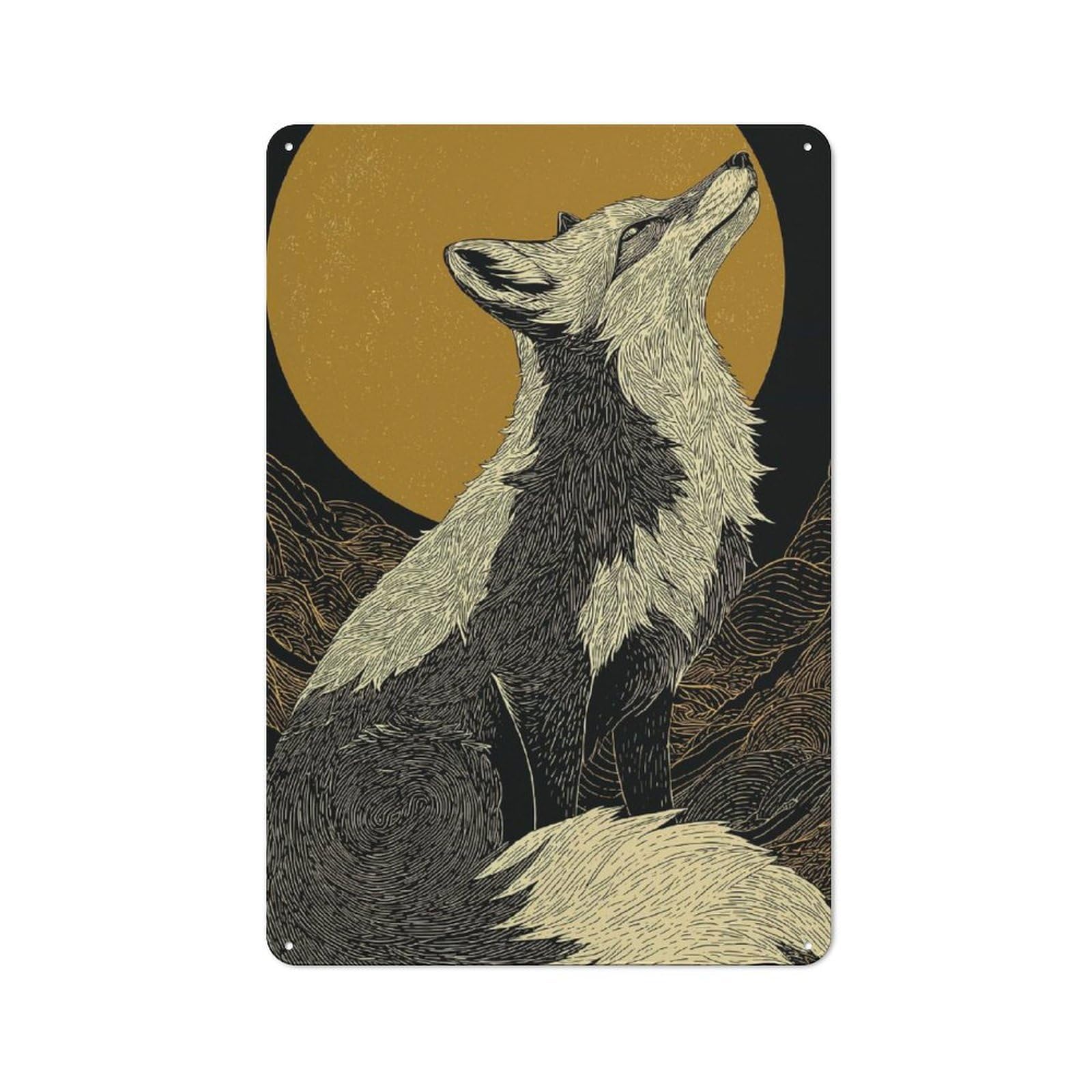 Junmoney Fox Howling At The Moon Illustration Tin Wall Plaque 30X20cm With For Workshop Wall, Suited To Makers And Diy Enthusiasts