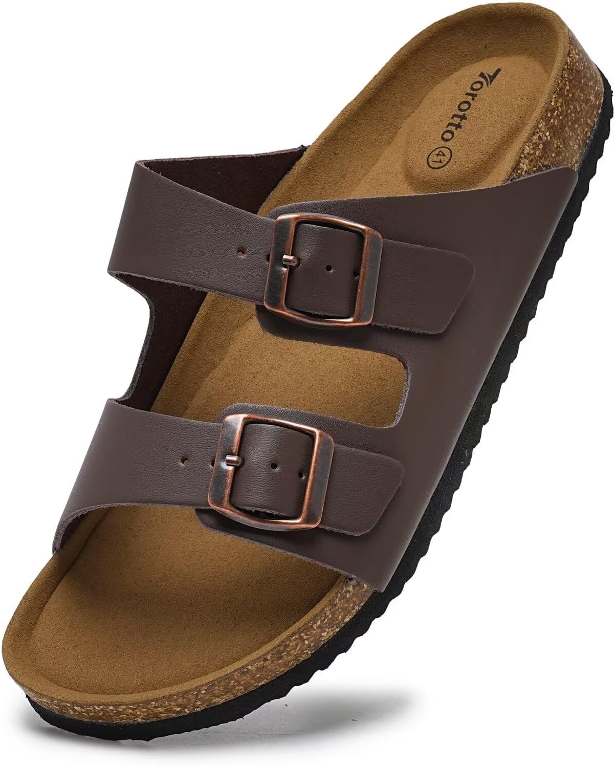 Torotto Genuine Leather Mens Slides with Cork Footbed Open Toe Adjustable Webbing Flat Sandals for Walking | Beach | Indoor(Leather/Red brown-45)