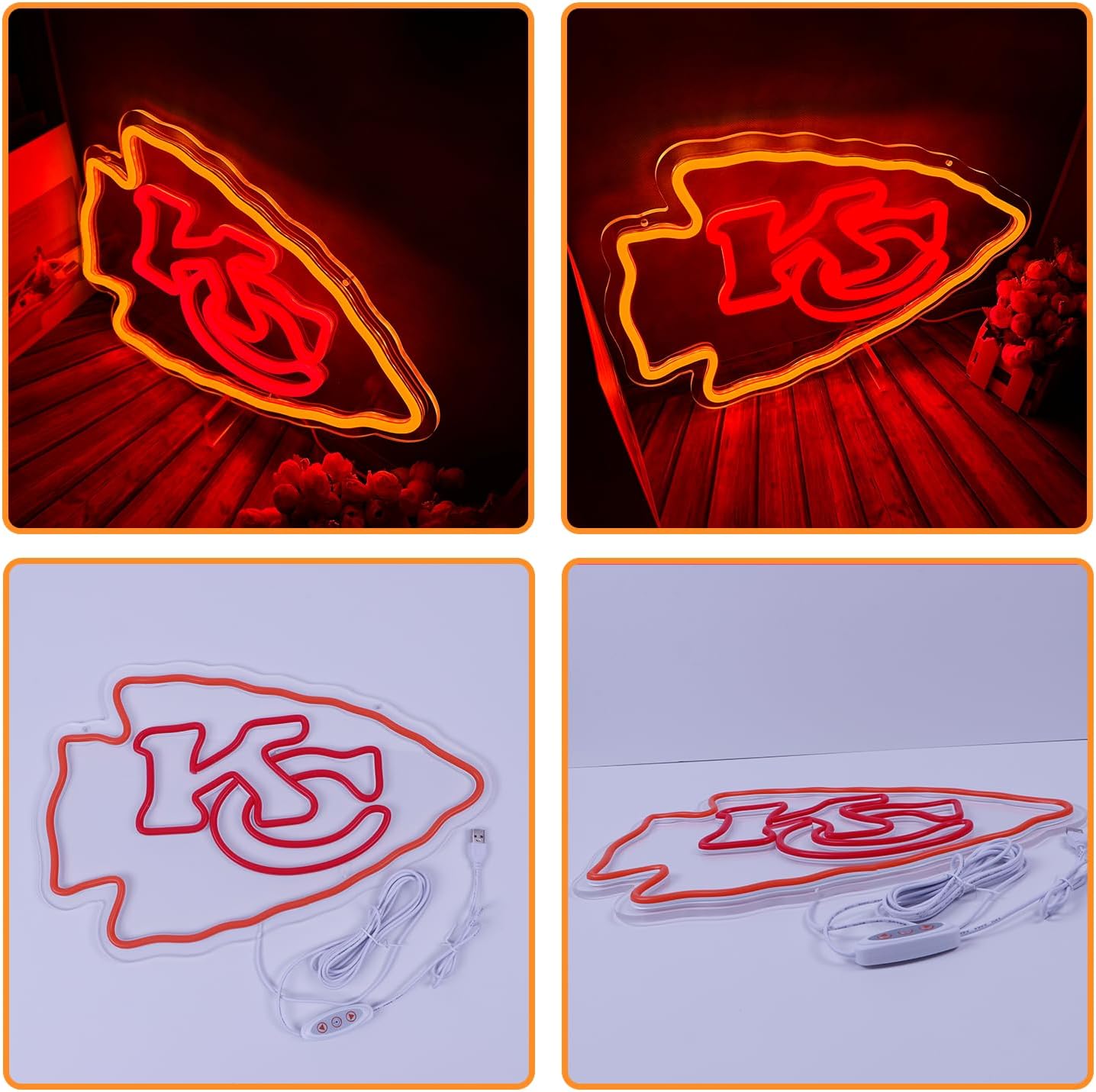 Football Rugby Sports Team Neon Sign Suitable for Chiefs KC Logo Neon Sign for Wall Decor USB Powered Dimmable Led Light Up Signs for Bedroom Men Cave Home Bar Decor Xmas Gifts for Kids - Image 3