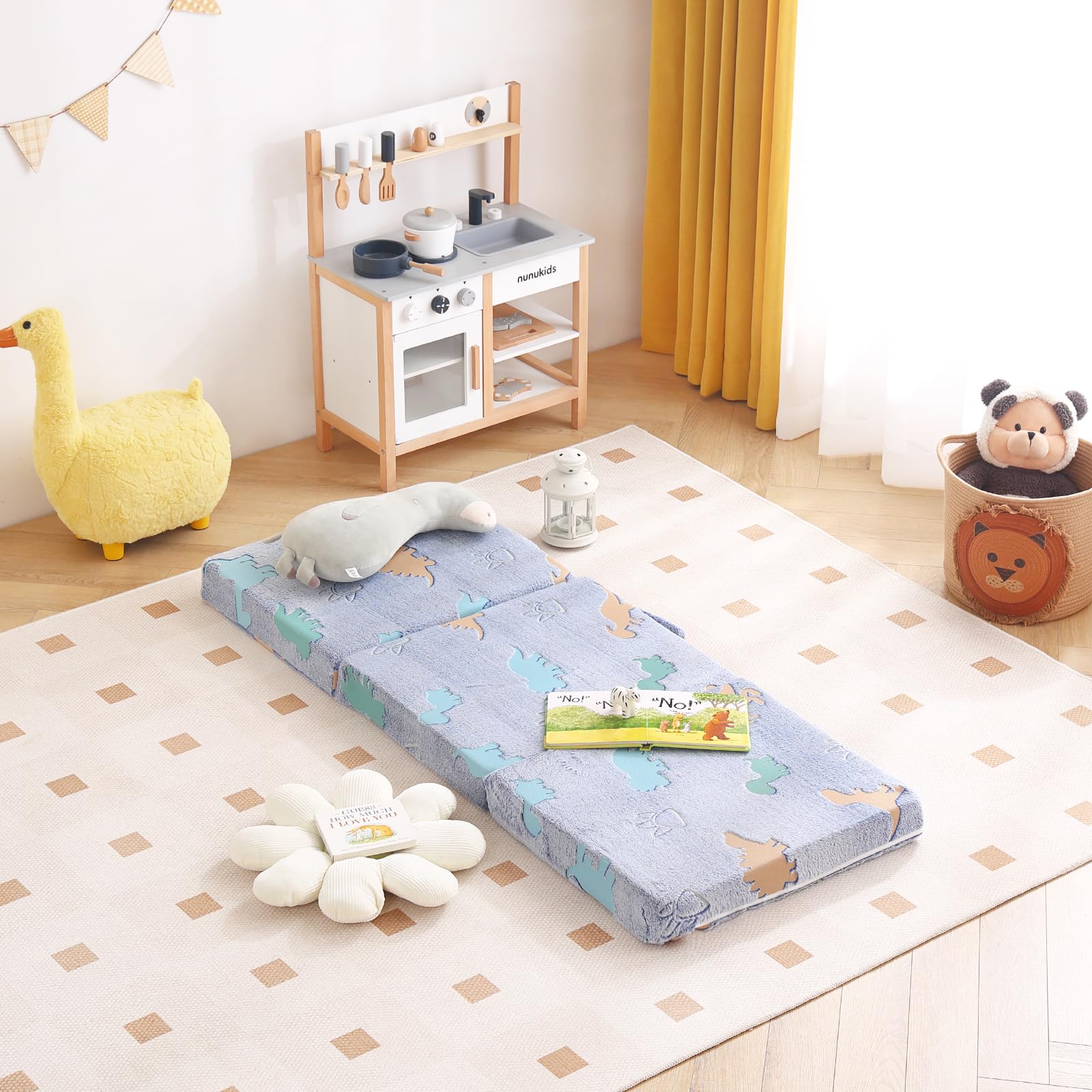 Colchón de piso triple para niños, futón que brilla en la oscuridad con funda extraíble, tapete portátil de espuma para siesta con bolsa de almacenamiento para niñas y niños, dinosaurio azul 7