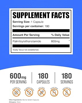Palmitoylethanolamide Capsules - Pea Supplement, Palmitoylethanolamide 600mg for Immmune Support - Gluten Free, 1 Capsule per Serving, 180 Capsules (Pack of 1)
