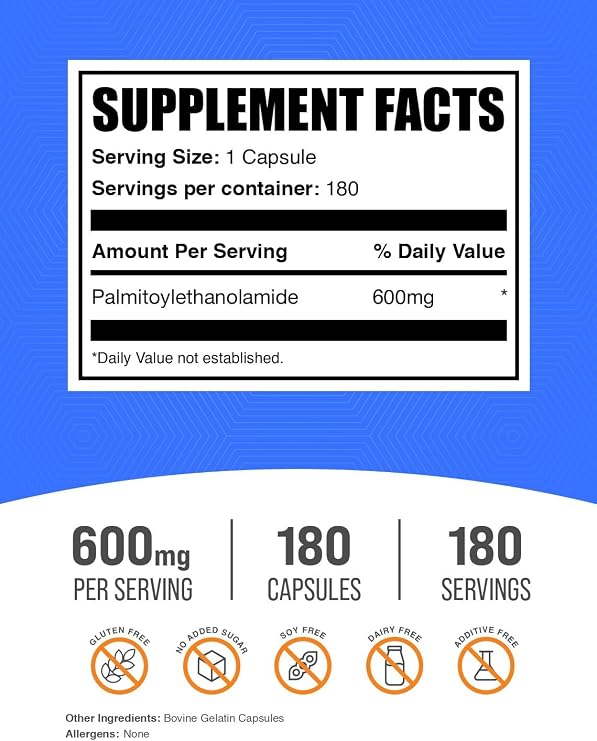 Palmitoylethanolamide Capsules - Pea Supplement, Palmitoylethanolamide 600mg for Immmune Support - Gluten Free, 1 Capsule per Serving, 180 Capsules (Pack of 1)