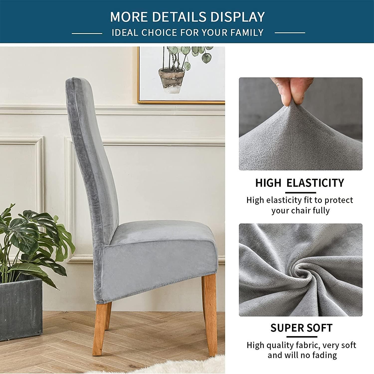 Velvet Chair Covers High Stretch Dining Chairs Slipcovers Soft High Back Chair Slipcover Washable Removable Chair Protectors for Kids and Pets (Color : Gray, Size : Set of 2)