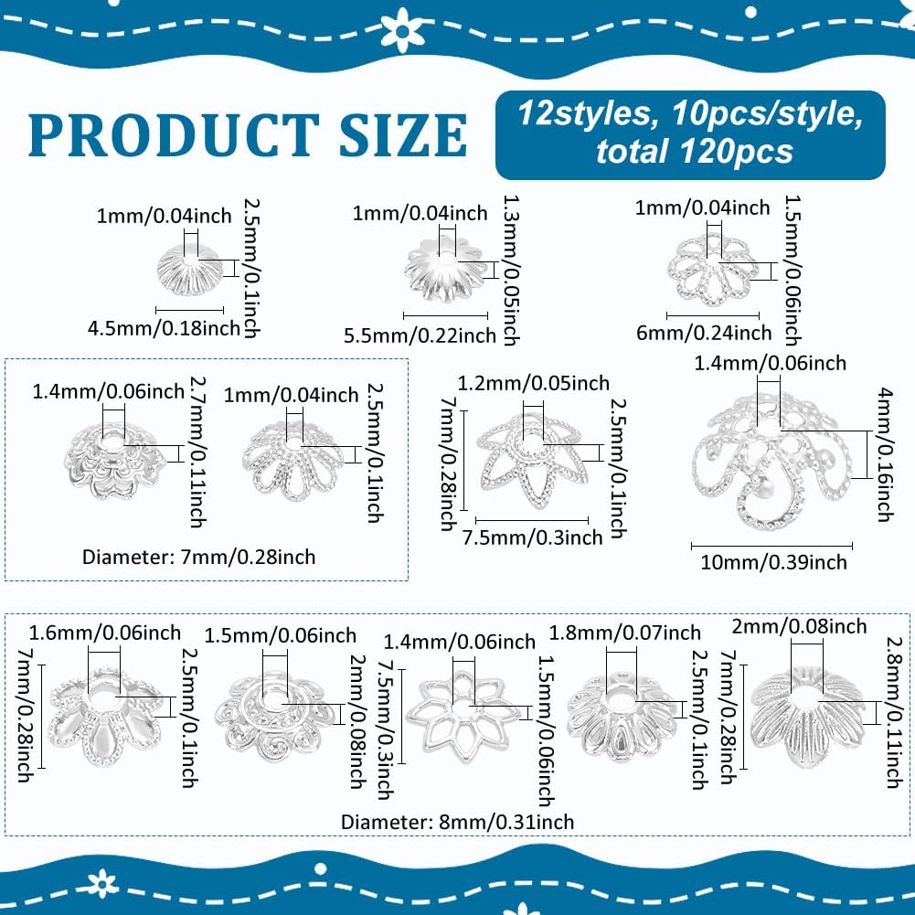 PH PandaHall 120Pcs Alloy Beads Caps, 12 Styles Flower Bead Caps Metal Spacers Beads Caps Hollow Flower Bead End Caps Bead Cap Bails for Bracelet Necklace Earrings Jewelry Making, Silver - Image 2