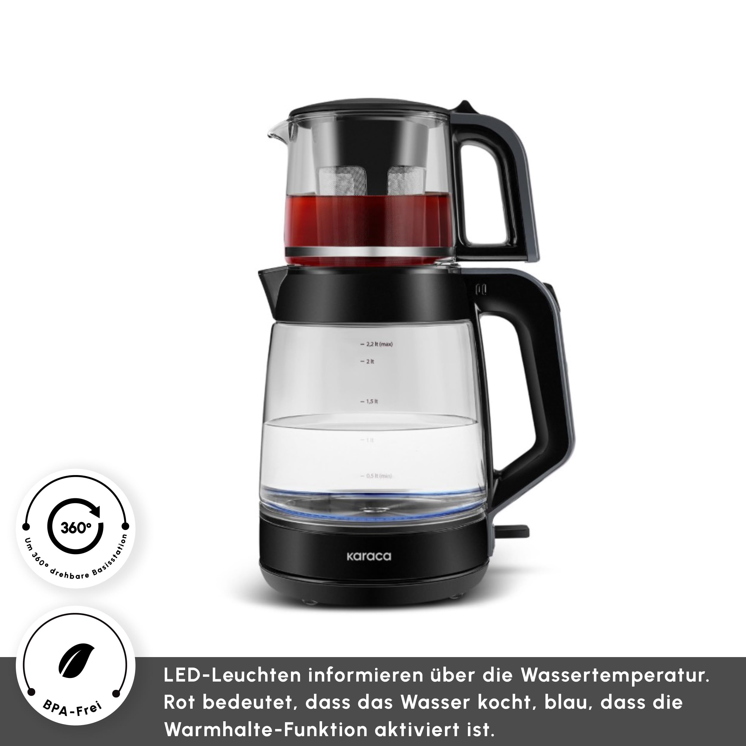 Karaca Glass Tea XL 2 in 1 Glas-Teemaschine & Wasserkocher Shiny Black, 0,9L Teekapazität & 2,2L Wasserkapazität, energieeffizient, automatische Warmhaltefunktion, 360° drehbare Basis, LED-Anzeige