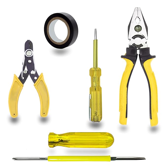 Walkers Combo of Plier, 2in1 Screwdriver, Line Tester, Electrical Tape, Wire Cutter Hand Tool Kit (5 Tools)