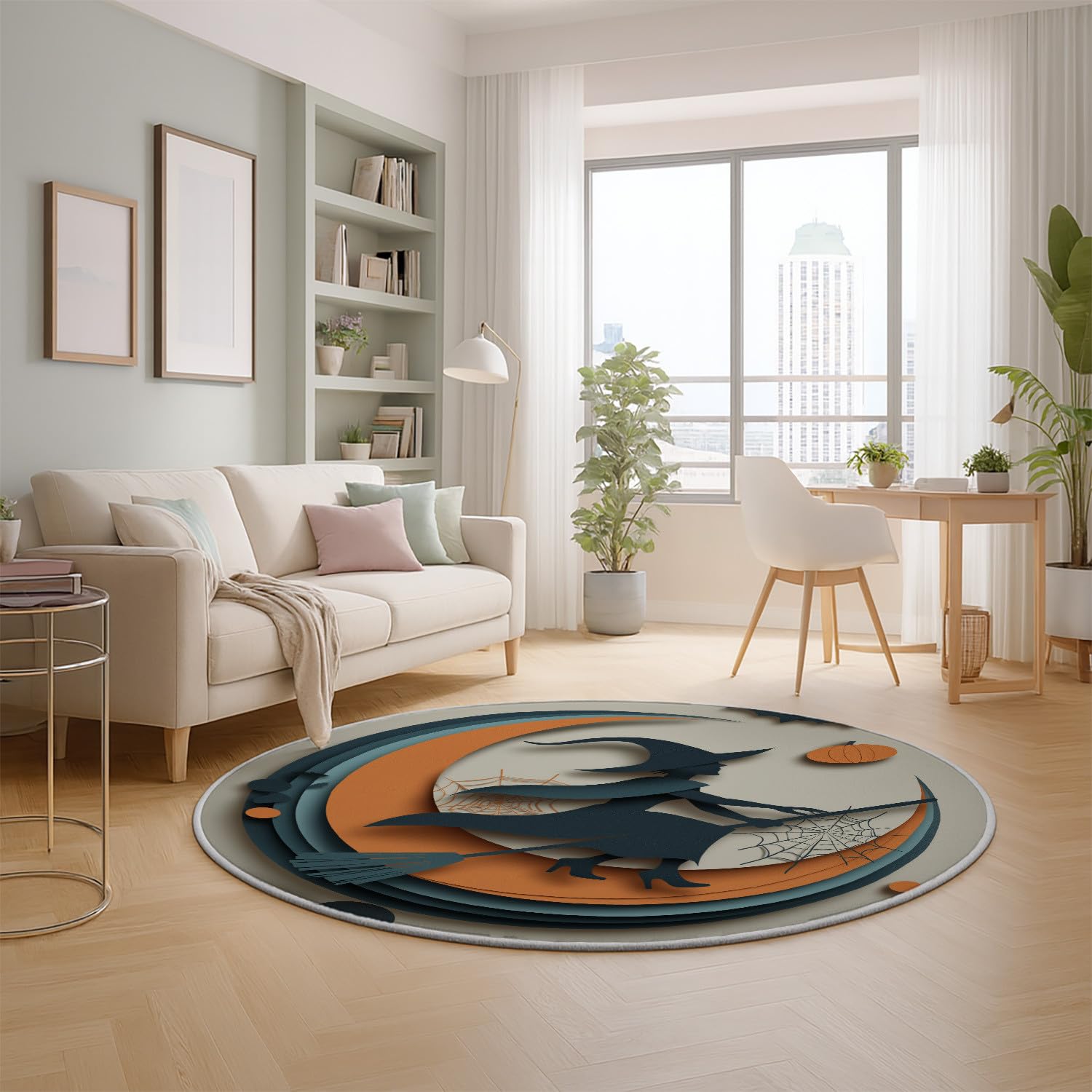 Générique Tapis Rond 100 cm Diamètre Table Basse Coloré, Art du Papier Découpé Sorcière Lune Toile Moelleux Tapis à Poils Courts pour Entrée