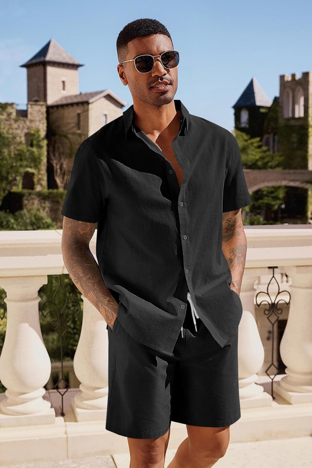 Runcati Mens Summer Beach Outfits 2 Piece Short Sleeve Sets Button Down Linen Cotton Shirts and Shorts Casual Vacation Set - Image 4