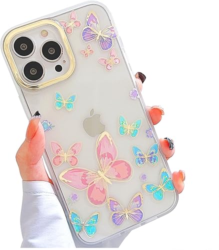 Miniatura 7 de Funda transparente con purpurina para iPhone 15 Pro Max para mujeres y niñas, bonito patrón de mariposas doradas, rosa y azul, funda protectora