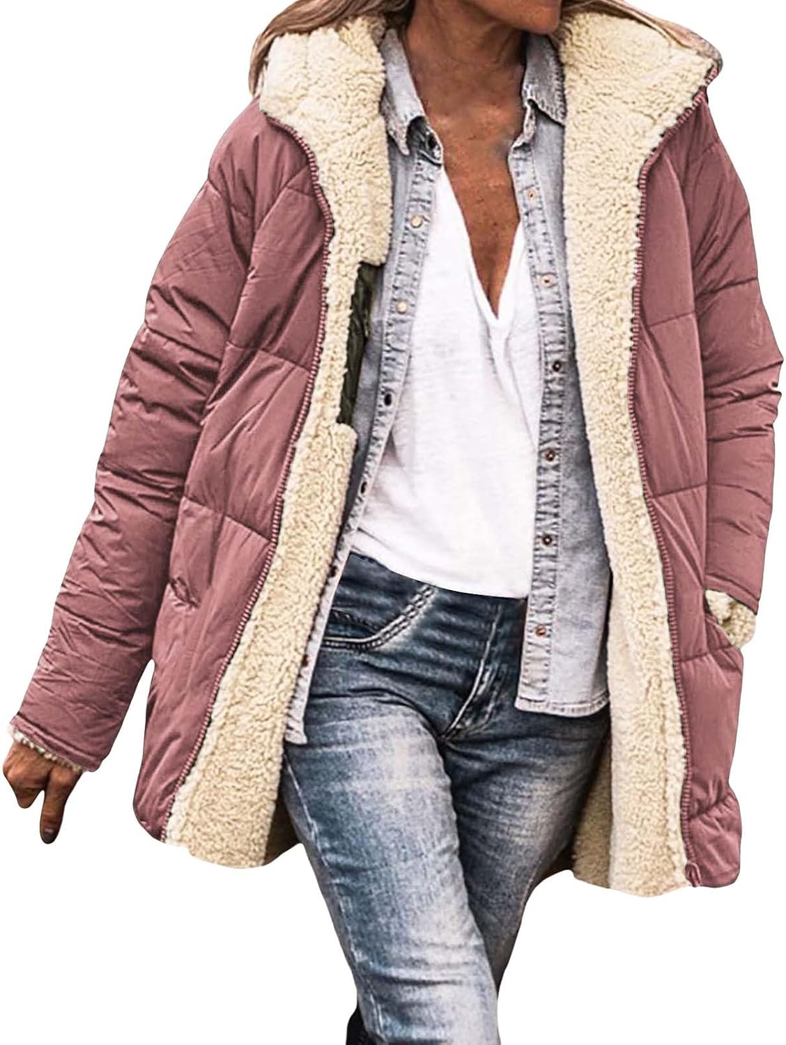 Wintermantel Damen Fleecejacke Wildleder-Sherpa-Jac Produktbild-Vorschau 11