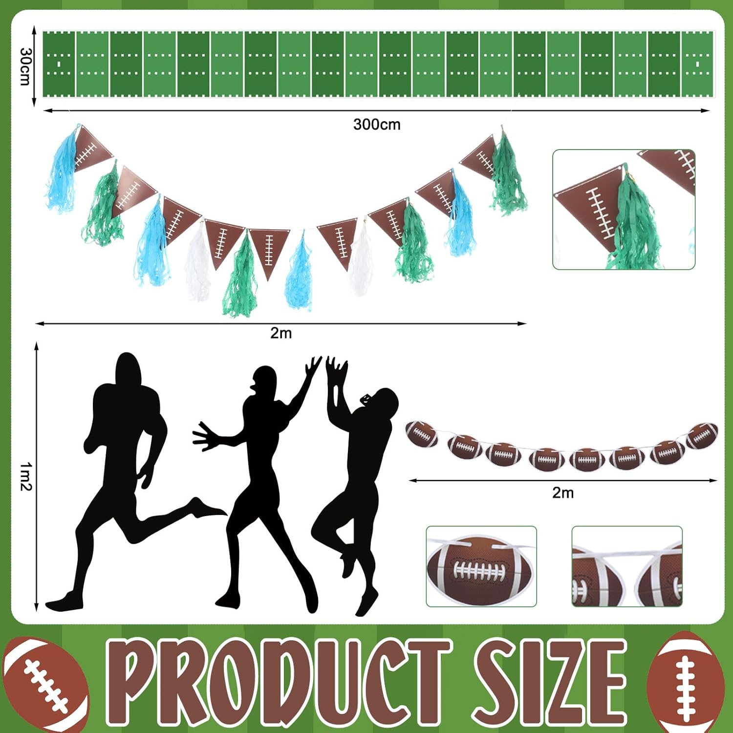 15 Pcs Football Party Classroom Decorations 9.8 ft Field Aisle Rug, Black Pitching Decoration, Pennant Rugby Flag and Rugby Flag, Football Party Supplies for Classroom Sports Favors