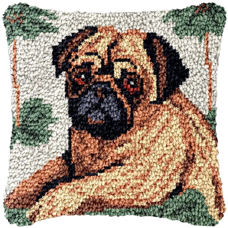 Square Latch Hook Kits Rug DIY Pug Dog Cushion Tapestry Making Crochet Hook Rug Making Kits Color Preprinted Pattern Canvas Cushion DIY Arylic Yarn Hooking Kits Rug Hooking 40x40CM