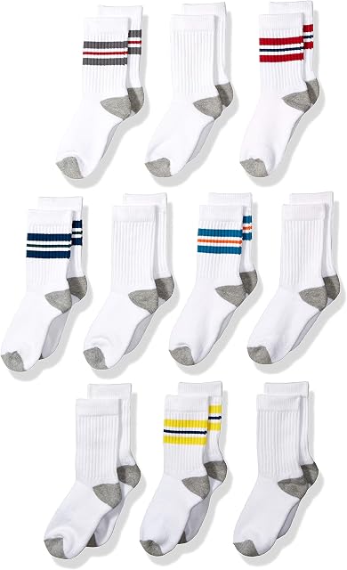Amazon Essentials Boy's 10-Pack Cotton Varsity Crew Sock, White With Color Stripe/White With Grey Heather Heel, Toe, 1.5- 8 UK (Large)