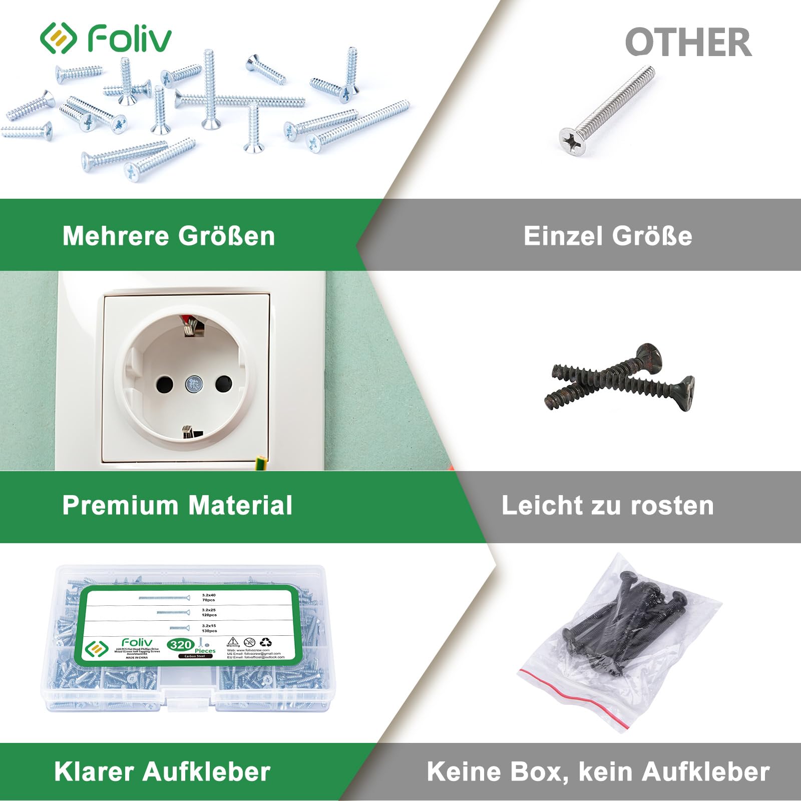 Foliv 320 sztuk śrub do puszek przełączników, śruby maszynowe, pudełko asortymentowe Ø 3,2 x 15 mm, 3,2 x 25 mm, 3,2 x 40 mm, śruby wpuszczane ze stali ocynkowanej z PZ1/szczeliną, do naprawy