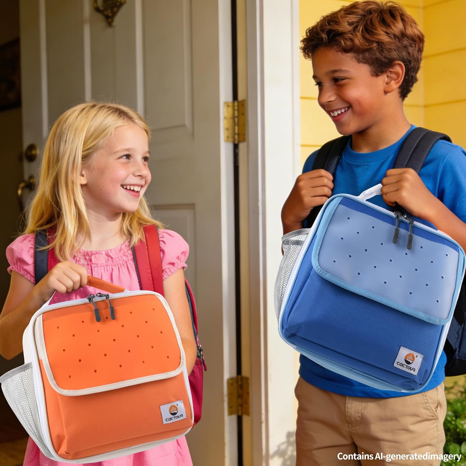 CaCTOUR Lunch Box Kids,Fun Color Lunch Box for Girls,Large Soft Cooler Lunch Bag for Kids,Back to School Thermal Insulated Lunch Tote Bag for School Daycare Outdoor (Orange Beige) image 2