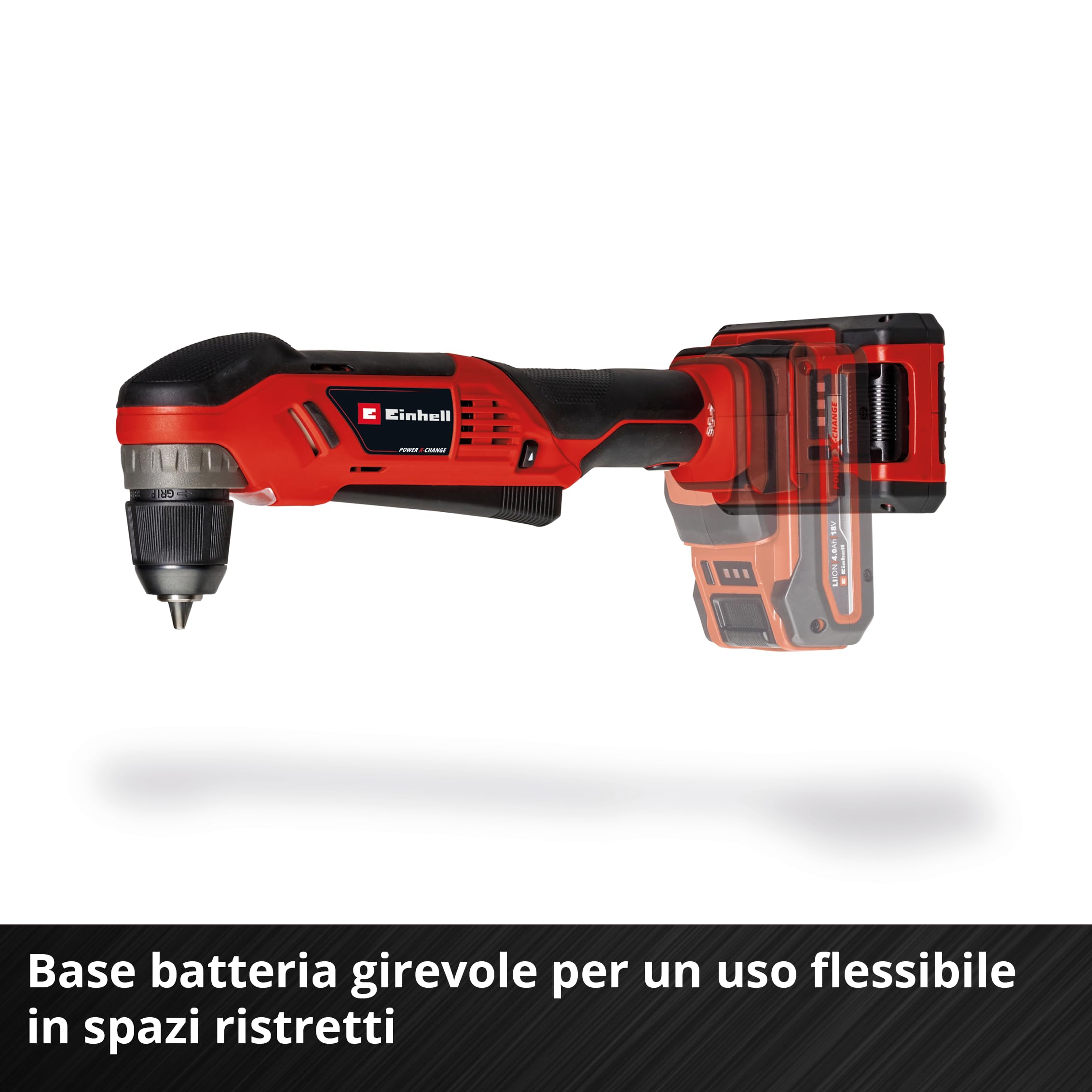 Trapano angolare a batteria Einhell TE-AD 18 Li-Solo Power X-Change (18 V, 45 Nm, mandrino a serraggio rapido da 10 mm, luce LED, attacco batteria girevole, batteria esclusa)
