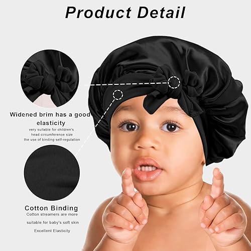 Miniatura 3 de 3 gorros de seda para dormir para niños, gorro de satén para bebé, gorro de pelo para cabello rizado para niñas y niños con banda elástica ancha,