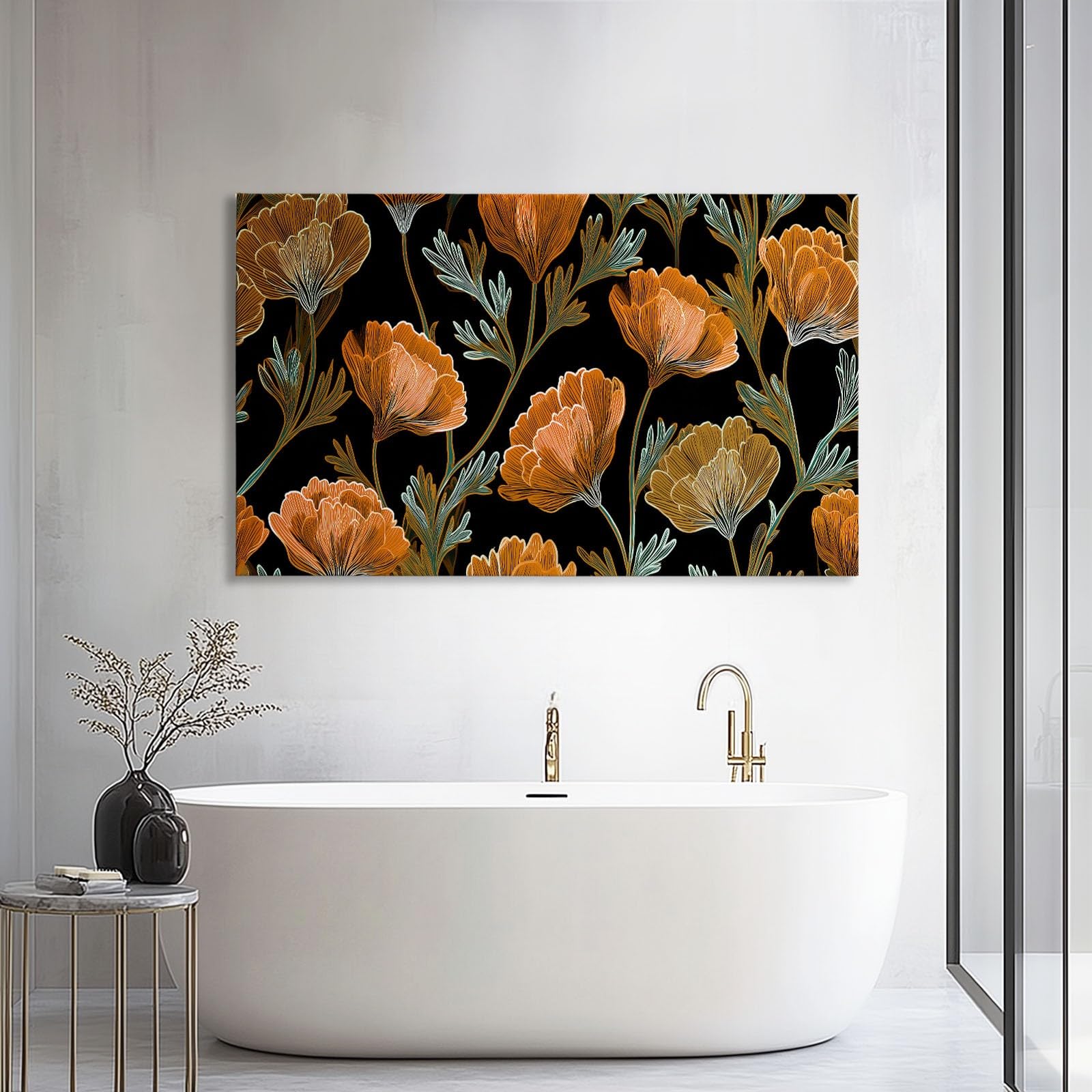 Vintage Pastoral Blumen Orange Wildblumen Modernes Leinwandbild 140L x 70B cm mit Rahmen, Landhausstil XXL Wanddeko für Wohnzimmer Geschenk Idee Einzug - Hochwertiger Kunstdruck auf Holzrahmen