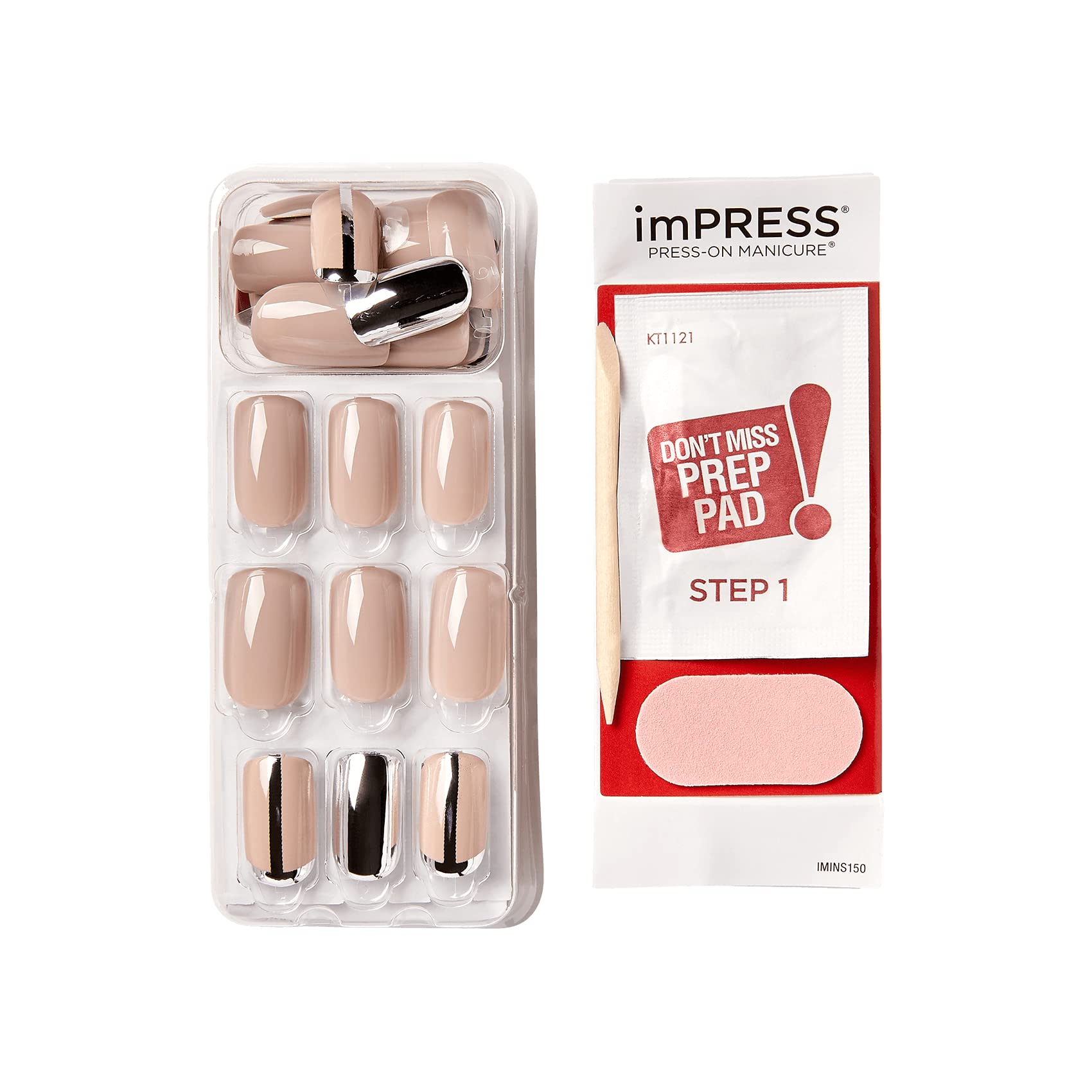 KISS imPRESS Manicure, Cloudy, sztuczne paznokcie samoprzylepne, kwadratowe, krótkie, z technologią PureFit, 30 sztucznych paznokci, mini pilnik, patyczek do skórek, instrukcja