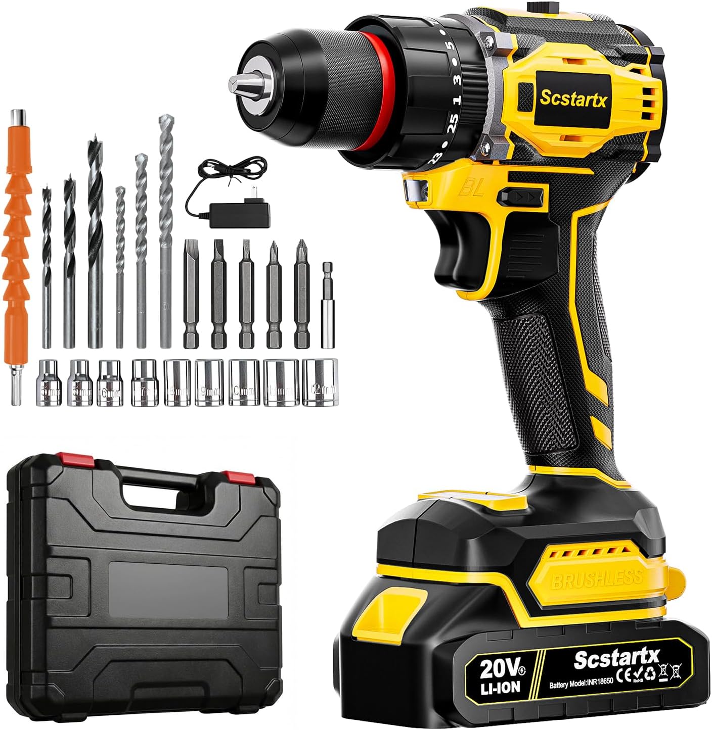 20V Cordless Brushless Drill Driver (3/8") - 24-Piece Compact Kit, 70Nm High Torque, 2.0Ah Li-Ion Battery for Home DIY & Apartment Repairs, Furniture Assembly