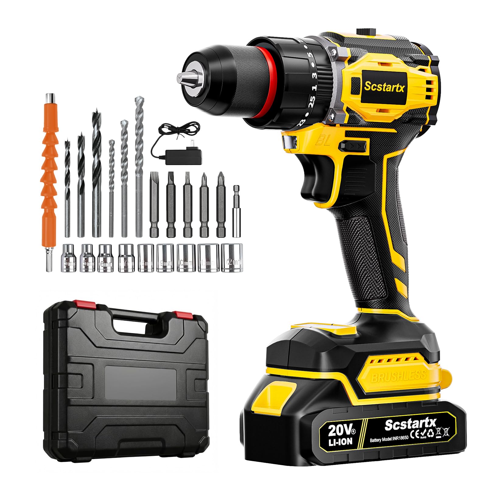 20V Taladro Atornillador Inalámbrico Sin Escobillas (3/8 pulgada) - Kit Compacto de 24 Piezas, Par Alto de 70Nm, 2.0Ah Batería Li-Ion para DIY Casero & Reparaciones de Apartamentos, Montaje de Muebles