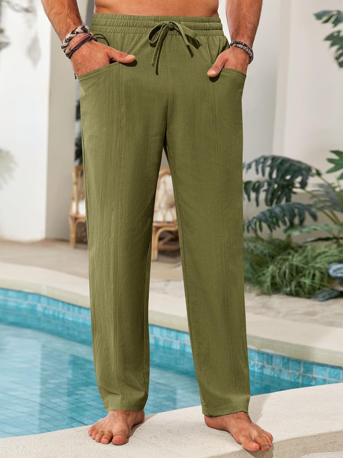 Runcati Mens Casual Pants Elastic Waist Drawstring Cotton Linen Pants Yoga Beach Summer Lightweight Trousers - Image 2