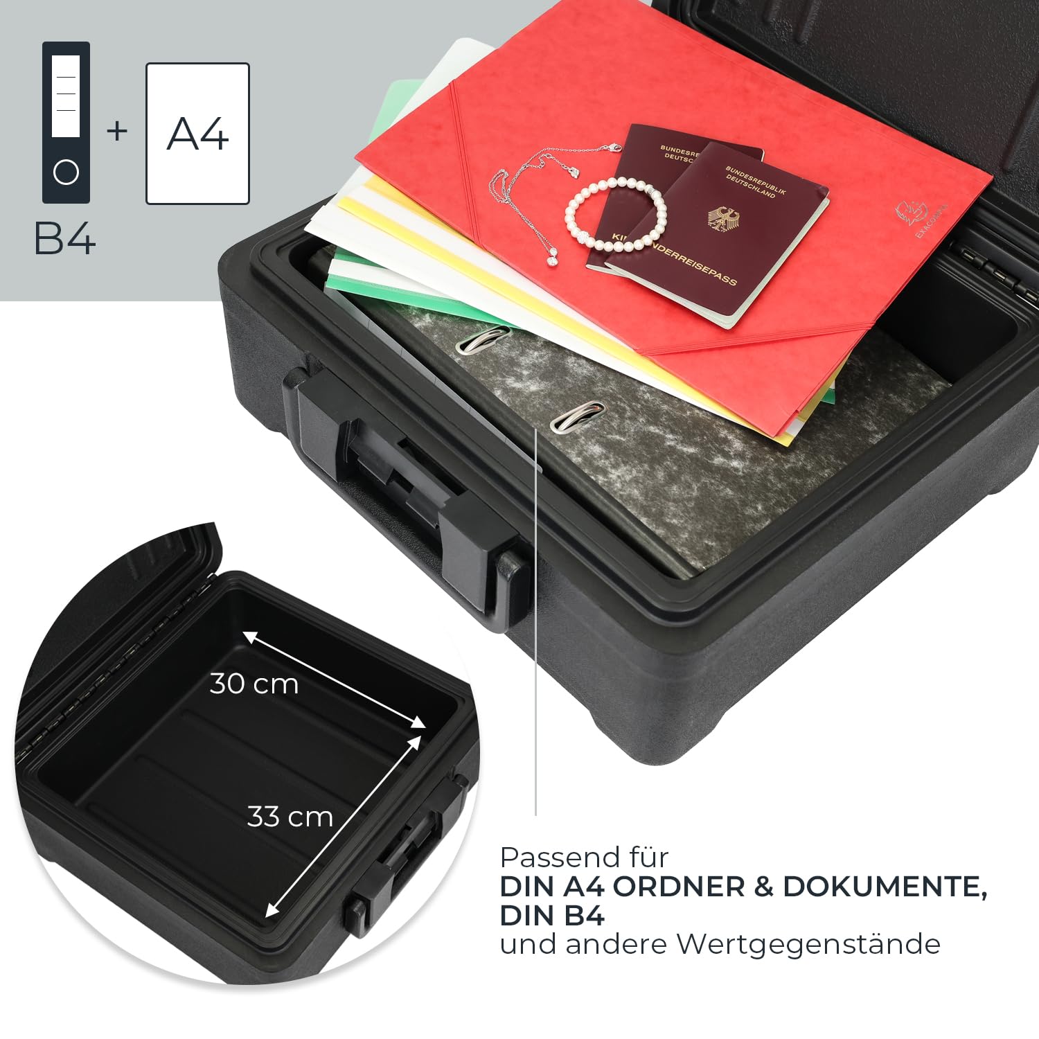 HMF Feuerfeste Dokumentenbox DIN A4 Ordner, wasserdichte Geldkassette abschließbar | 39 x 40 x 17 cm | Schwarz