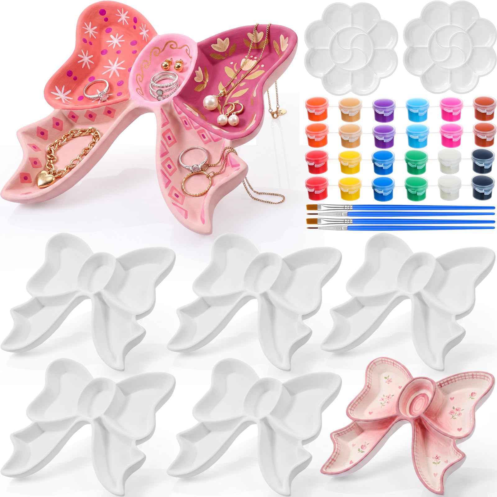 Zubebe 6 Set Ceramics to Paint Bow Jewelry Tray Kit Painting Ceramic Dish