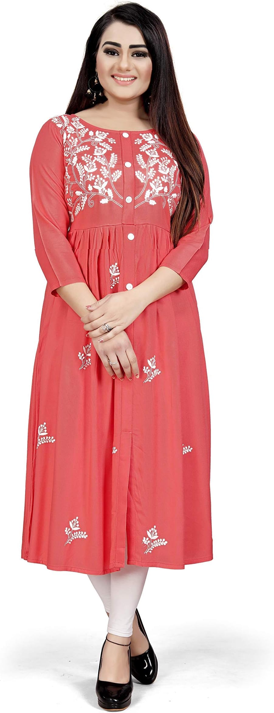 Women's Rayon Flared Embroidery Kurti Under 599 Designer Attractive Look Women's Kurta
