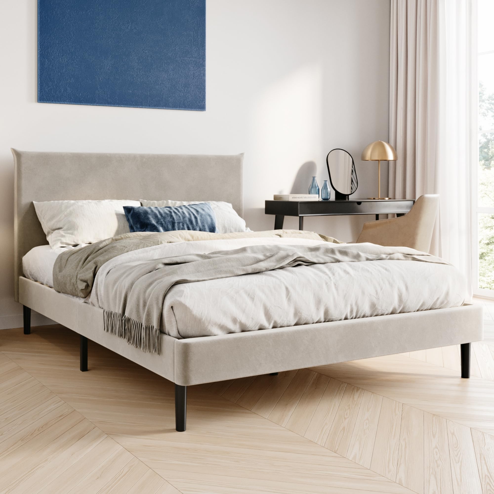 Gestoffeerd bed met opbergruimte – 180x200 cm – beige – waterafstotende velours – SOFTIE SLIM