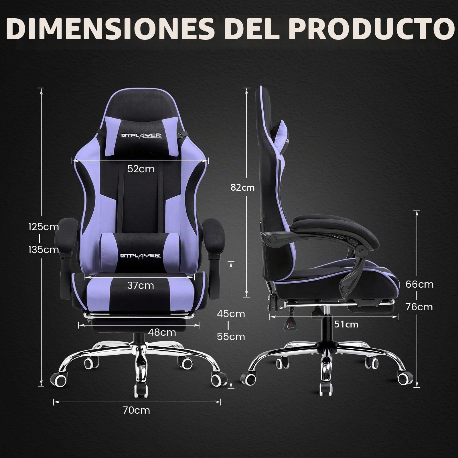 GTPLAYER Silla para Videojuegos, Silla de Oficina, Silla ergonómica para PC, sillón de Gaming con Soporte Lumbar de Masaje, sillas de tareas con reposapiés y reposacabezas, Tela Morada